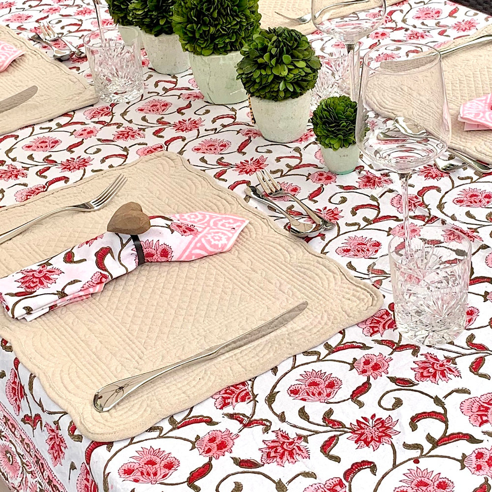 Hand Block Print Tablecloth | Raspberry Pink