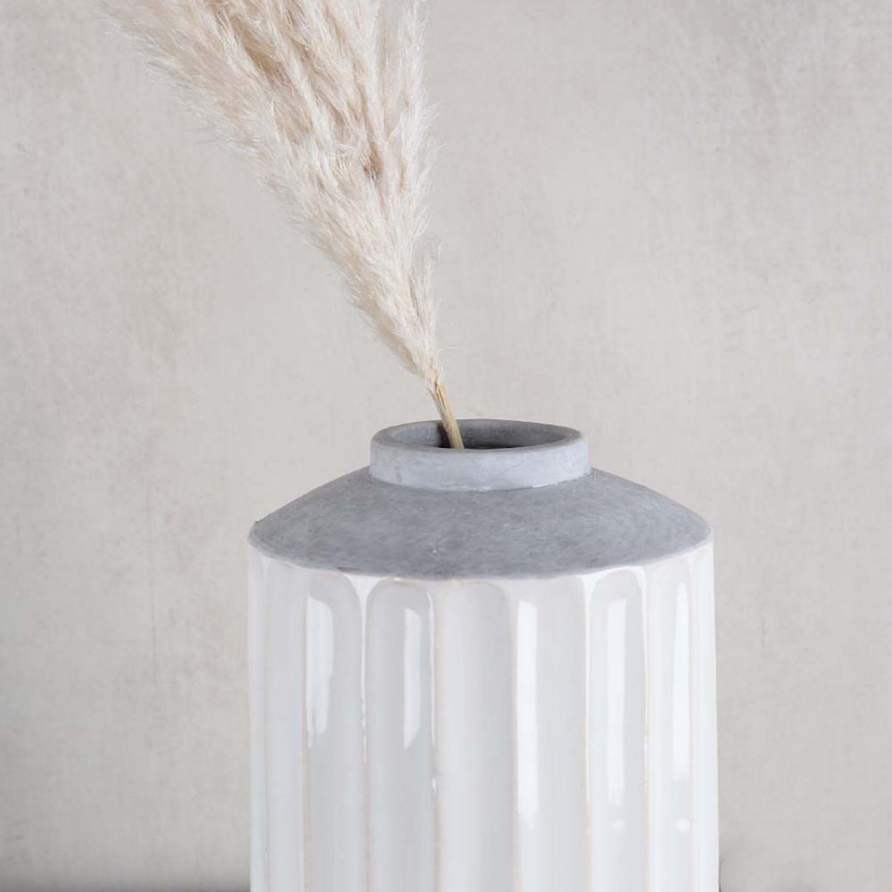 White Ribbed Vase with Cement Top