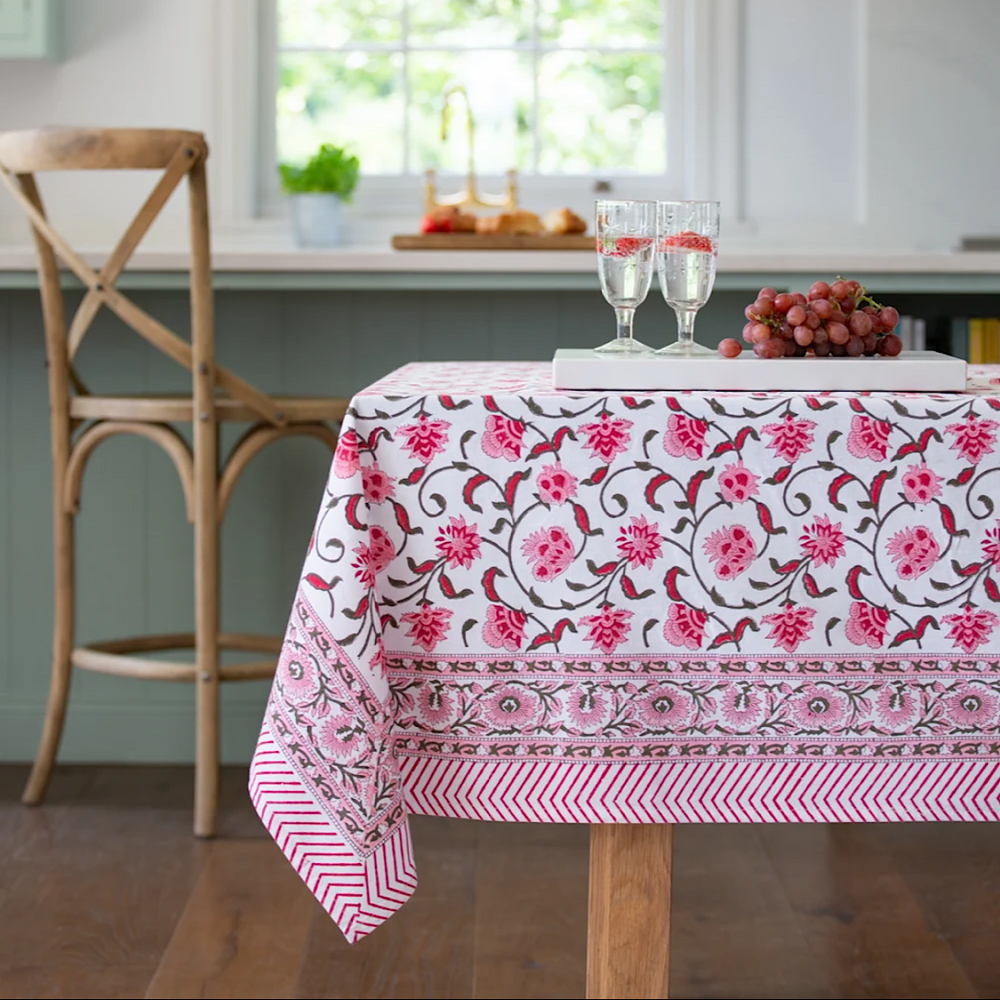 Hand Block Print Tablecloth | Raspberry Pink